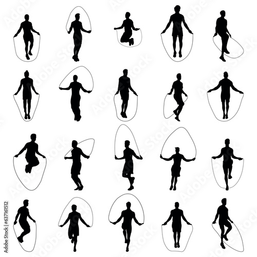 Set of vector silhouettes of men doing jump ropes