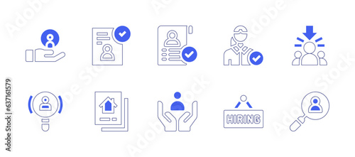 Hiring icon set. Duotone style line stroke and bold. Vector illustration. Containing employee, hired, approved, candidate, candidates, human resources, house rental, hiring.