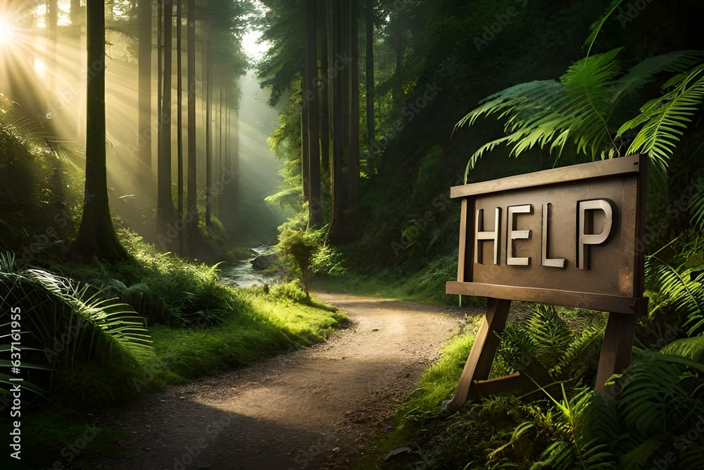 a sign board with the word HELP in a lush jungle - AI Generative