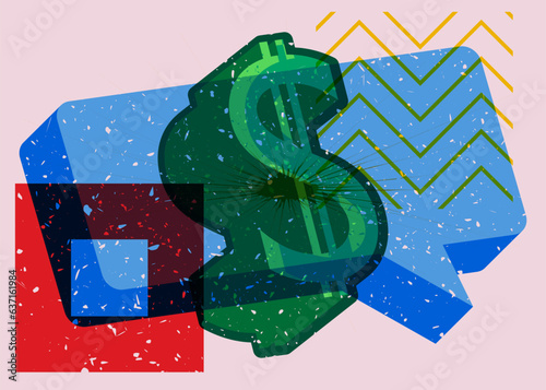 Colorful dollar sign with speech bubble and geometric shapes. Business sign in trendy riso graph design. Geometry elements abstract risograph print texture style.