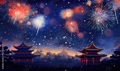 fireworks at a new year background, in the style of luminous watercolors, dark sky-blue, shaped canvas, nostalgic charm, vibrant stage backdrops, Generative AI