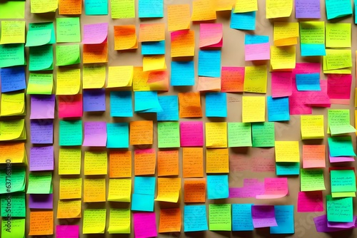 A row of colorful sticky notes with various messages written on them
