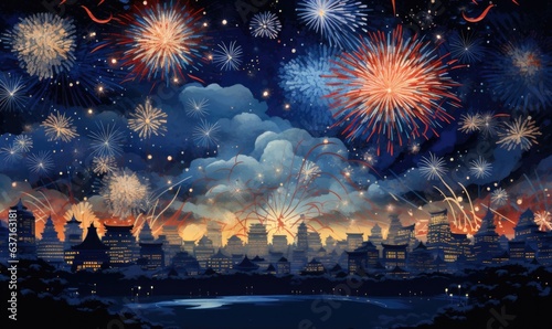 fireworks at a new year background, in the style of luminous watercolors, dark sky-blue, shaped canvas, nostalgic charm, vibrant stage backdrops,  Generative AI © EnelEva