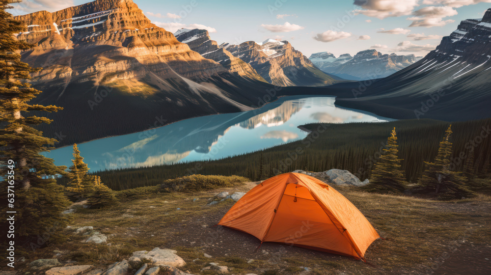 Camping with orange tent open with lake and mountains
