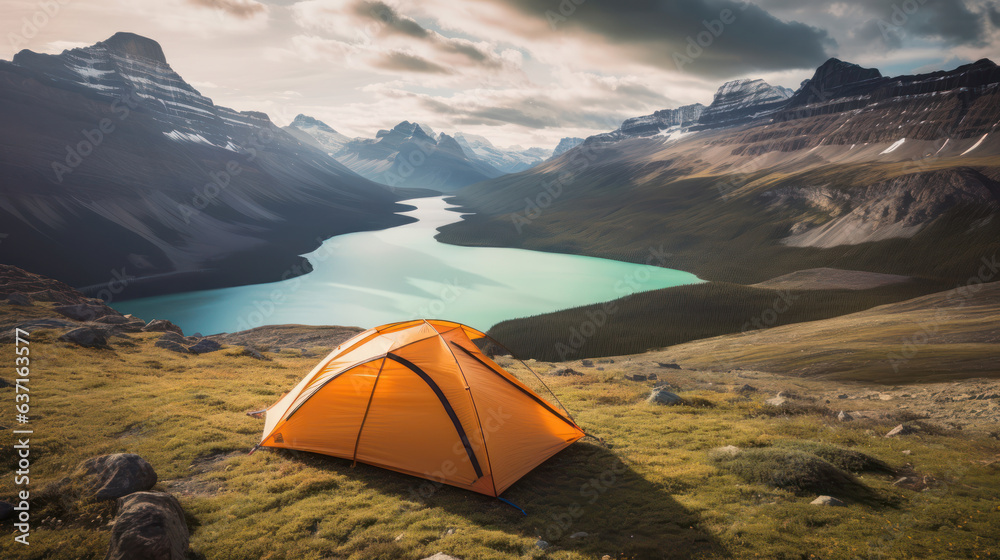 Camping with orange tent open with lake and mountains