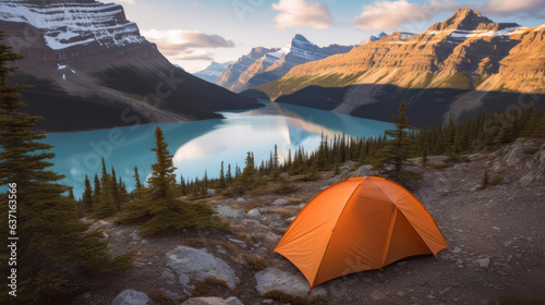 Camping with orange tent open with lake and mountains