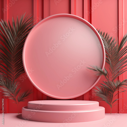Round red pastel podium and palm leaf, Abstract minimal geometric shapes background, Aesthetic summer dais concept and shadows on the wall, 3D Modern design for product showcase display, AI generated.