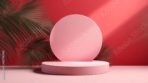 Round red pastel podium and palm leaf, Abstract minimal geometric shapes background, Aesthetic summer dais concept and shadows on the wall, 3D Modern design for product showcase display, AI generated.