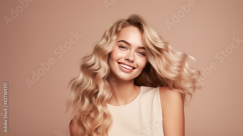 Beauty portrait of blonde hair smiling young woman isolated on beige background.