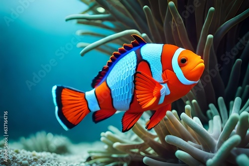 an Ocellaris Clownfish with a coral reef, an under water world - AI Generative