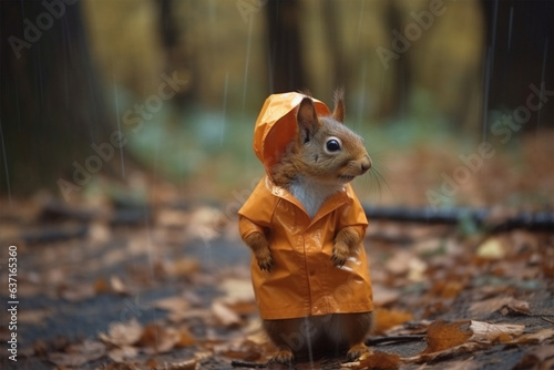 a cute squirrel wearing a raincoat