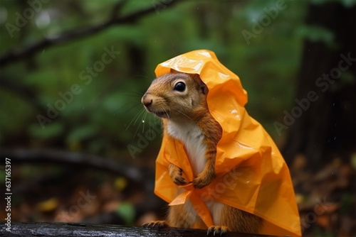 a cute squirrel wearing a raincoat