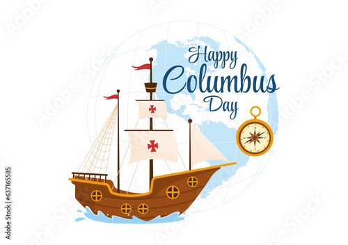 Happy Columbus Day Vector Illustration of National Usa Holiday with Ship and American Flag Background in Flat Cartoon Hand Drawn Templates