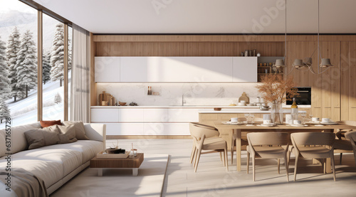 3d rendering of the modern kitchen and living room area © Kien
