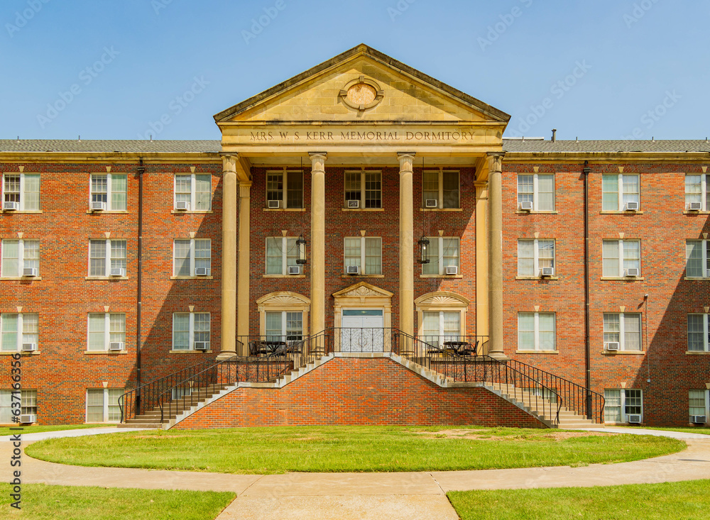 Sunny view of the Mrs W.S. Kerr Memorial Dormitory of Oklahoma Baptist University