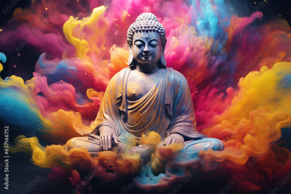 Buddha in mediation with colorful smoke, generative AI