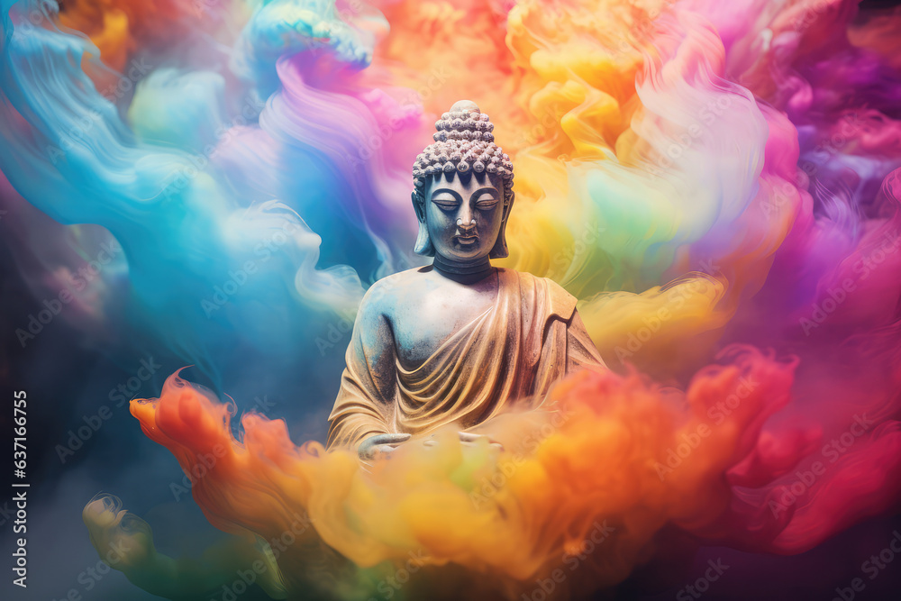 Buddha in mediation with colorful smoke, generative AI