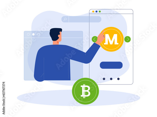Vector cartoon illustration cryptocurrency. Modern flat design concept of cryptocurrency. Cryptocurrency market abstract concept vector illustration