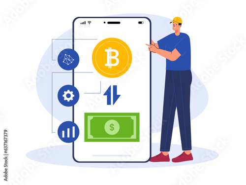 Vector cartoon illustration cryptocurrency. Modern flat design concept of cryptocurrency. Cryptocurrency market abstract concept vector illustration
