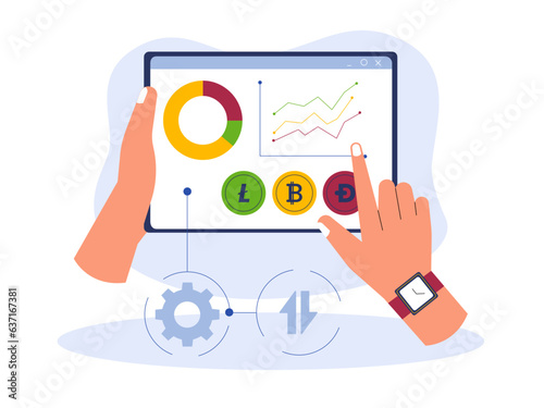Vector cartoon illustration cryptocurrency. Modern flat design concept of cryptocurrency. Cryptocurrency market abstract concept vector illustration