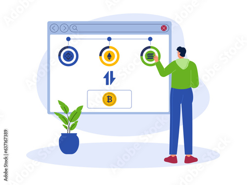 Vector cartoon illustration cryptocurrency. Modern flat design concept of cryptocurrency. Cryptocurrency market abstract concept vector illustration