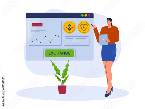 Vector cartoon illustration cryptocurrency. Modern flat design concept of cryptocurrency. Cryptocurrency market abstract concept vector illustration
