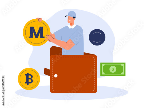 Vector cartoon illustration cryptocurrency. Modern flat design concept of cryptocurrency. Cryptocurrency market abstract concept vector illustration