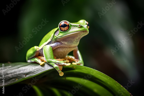 a frog sitting on a leaf with a black background  © Nam