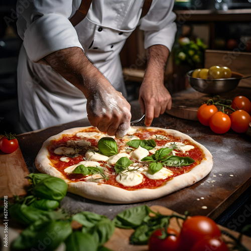 closeup pizza chef hands preparing pizza