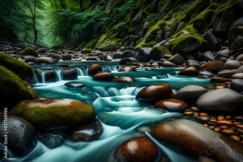 Fotografia, Obraz A clear mountain stream with pebbles and trout swimming against the current