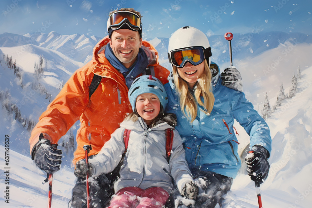 Beautiful family on skiing holiday in the snow (AI Generated) 