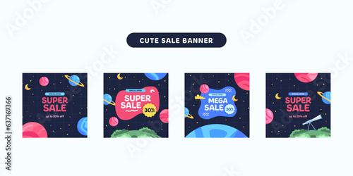 set of Sale offer banner promotion for kid and children with space planet astronomy theme concept