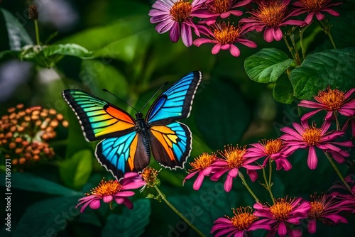 A colorful butterfly fluttering among the flowers in the jungle