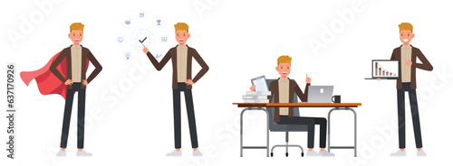 Set of office man wear brown suit character vector design. Presentation in various action. People working in office planning, thinking and economic analysis on isolated white background.
