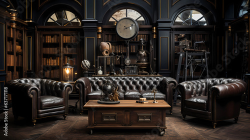 rich leather furniture and vintage industrial accents