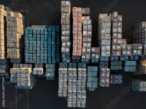 Aerial view of bricks on pallets at Tilbury Port on the lower River Thames, UK.