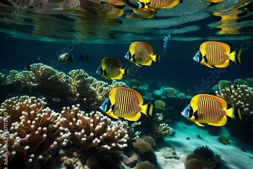  A shallow coral garden with transparent water and butterflyfish flitting around