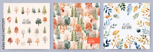 Hello Autumn card, cover, poster set with cute watercolor isolated elements and pattern with autumn trees, leaves, plants. Watercolor Fall concept. Template for web, social media, ads, print and promo