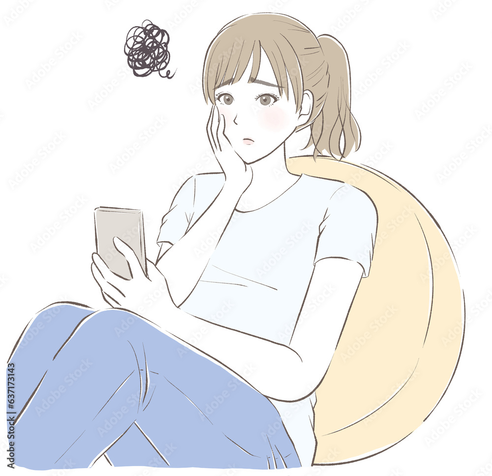 クッションにもたれて頬杖をついてスマホを見て悩む女性 クッションにもたれて頬杖をついてスマホを見て悩む女性