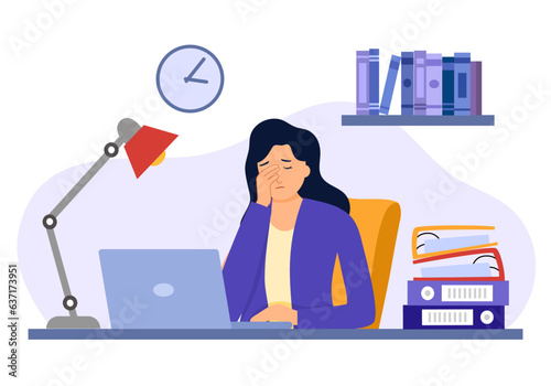 Businesswoman having painful headache concept vector illustration. Migraine health problem flat design. Stressful at work. Office syndrome.