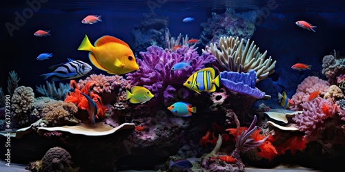 Exploring wonders. Colorful aquarium world. Aquatic paradise. Exotic marine life and vibrant coral reefs. Diving into deep blue. Captivating underwater aquatic scenes © Bussakon