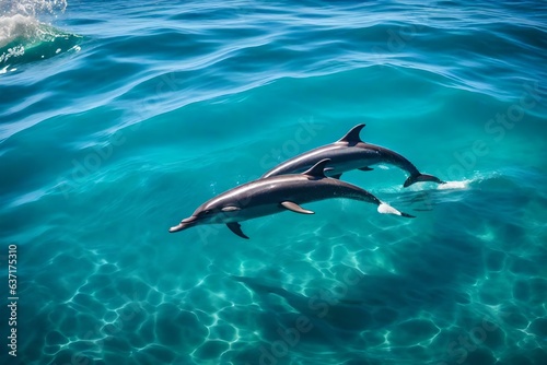 A transparent sea with dolphins gracefully swimming through the water