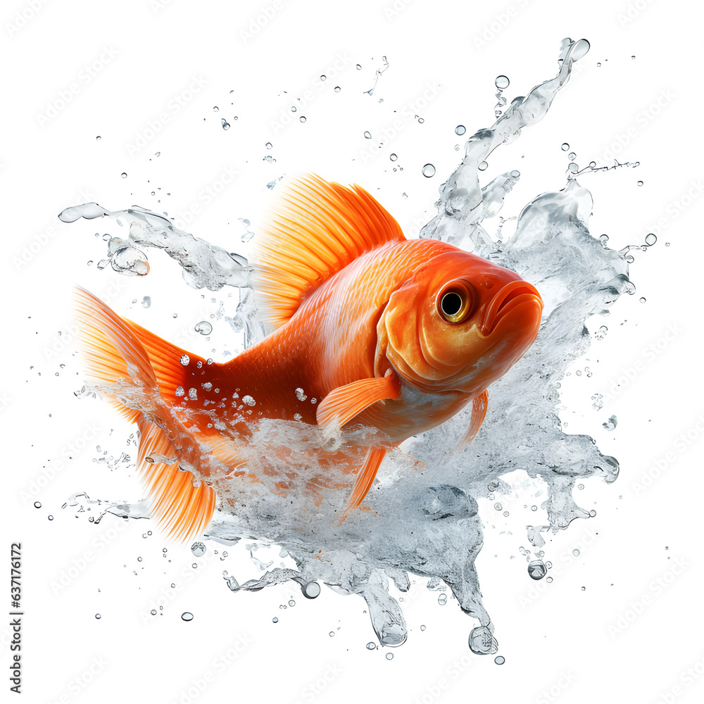 Gold fish in water splash on white background. AI generetive