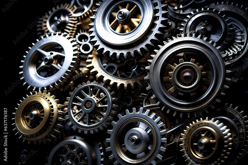 The background consists of gears that lie on top of each other, on a dark background. Gears, mechanisms, steampunk.