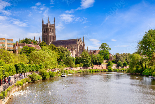 Worcester Cathedral and the River Severn on a bright sunny summer day. Swans on the river, people strolling on riverside path, leafy green trees, and cathedral towering over all.  photo