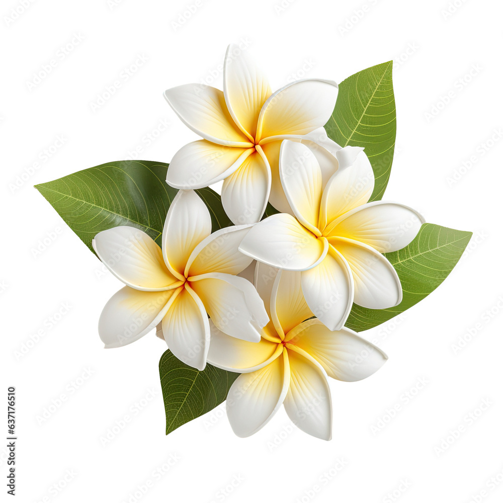 Floral frangipani blossoms in white and yellow hues accompanied by foliage Floral frangipani blossoms in white and yellow hues accompanied by foliage