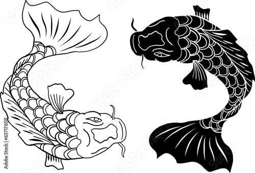 koi carp vector isolate for tattoo.Japanese carp drawing.Hand drawn line art of Koi carp. Vector isolated. Idea for tattoo and coloring books.