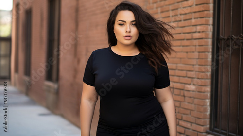 Stylish full body latin woman wearing black t-shirt, posing against brick wall, urban clothing style, Street photography, mockup, Canva