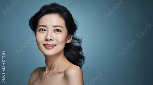 Beautiful smiling woman young model with natural makeup clean face blue sky background, isolated, Canva, copy space