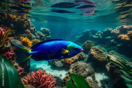 A tropical oasis with transparent water and brightly colored parrotfish